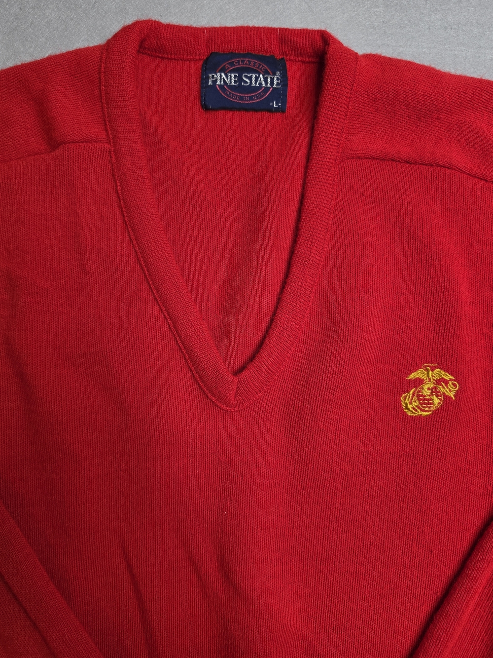 Pine State Red V-Neck Sweater with Embroidered Marines Crest